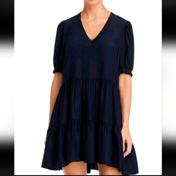 Cinq A Sept Emalina Tiered Babydoll Dress Women's Medium Silk Navy V-Neck - Picture 1 of 10